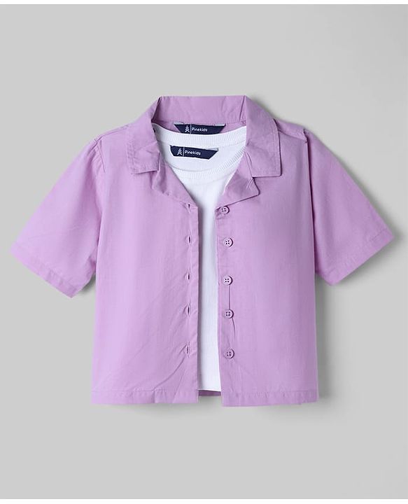 Pine Kids 100% Cotton Knit Half Sleeves Solid Shirt Style Top With Inner Tee - Lavender