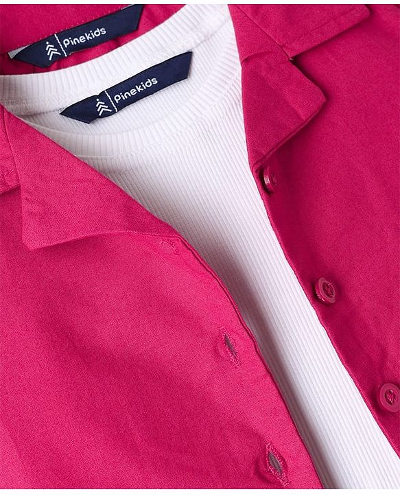 Pine Kids 100% Cotton Woven Shirt and Tank Top Set with Half Sleeves in Pink