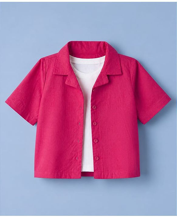 Pine Kids 100% Cotton Woven Shirt and Tank Top Set with Half Sleeves in Pink