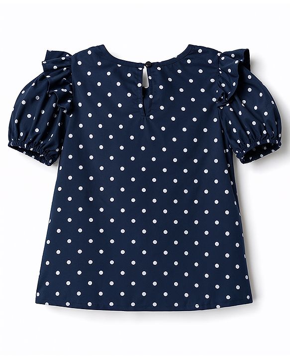 Pine Kids Rayon Woven Half Puffed Sleeves Top with Polka Dot Print & Frill Detailing - Navy