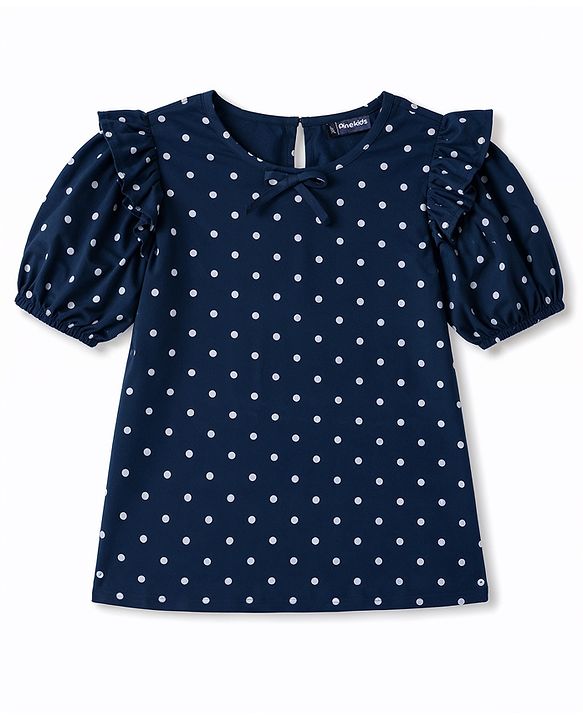 Pine Kids Rayon Woven Half Puffed Sleeves Top with Polka Dot Print & Frill Detailing - Navy