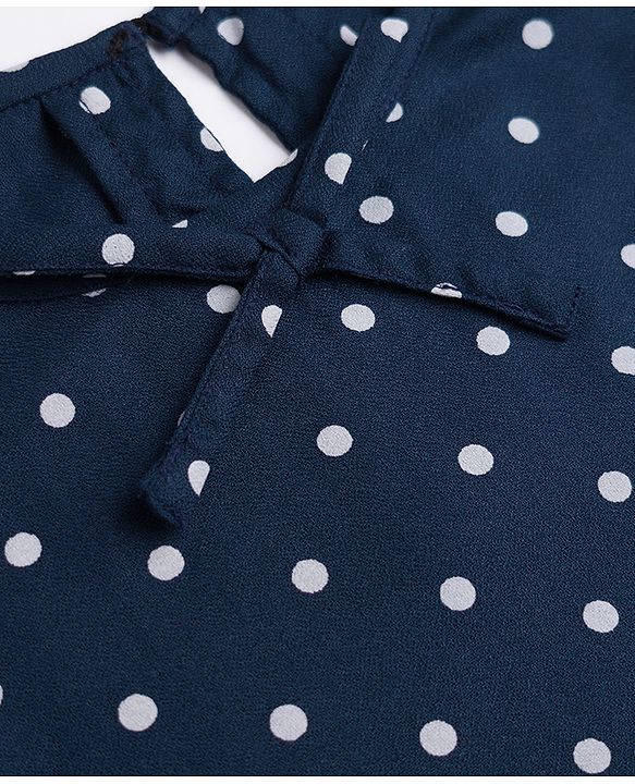 Pine Kids Rayon Woven Half Puffed Sleeves Top with Polka Dot Print & Frill Detailing - Navy