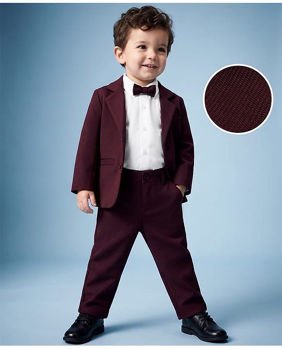 Babyhug Woven Full Sleeves Solid Three Piece Party Suit With Bow - Wine