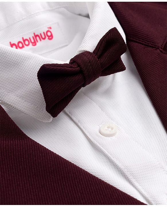 Babyhug Woven Full Sleeves Solid Three Piece Party Suit With Bow - Wine