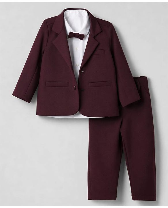 Babyhug Woven Full Sleeves Solid Three Piece Party Suit With Bow - Wine