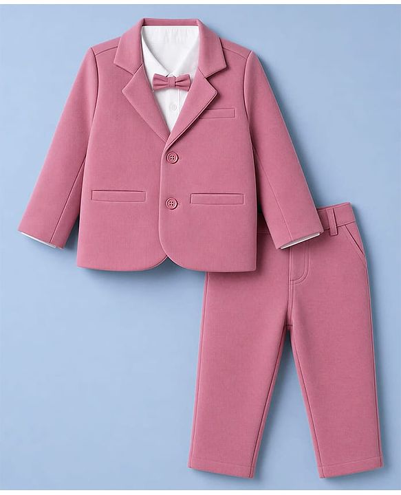 Babyhug Woven Full Sleeves Solid Three Piece Party Suit With Bow - Mauve
