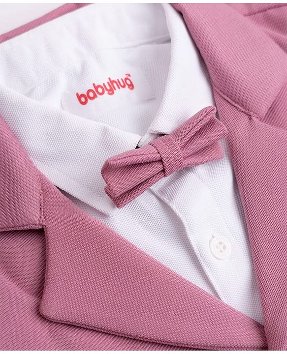 Babyhug Woven Full Sleeves Solid Three Piece Party Suit With Bow - Mauve