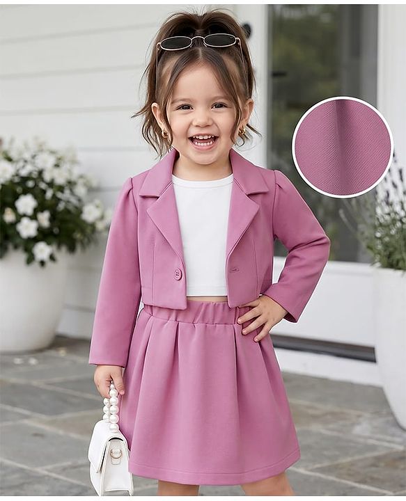 Babyhug Knit Full Sleeves Blazer Style Co-Ords Top & Skirts Set with Inner Tee - Pink
