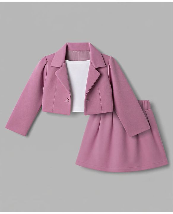 Babyhug Knit Full Sleeves Blazer Style Co-Ords Top & Skirts Set with Inner Tee - Pink
