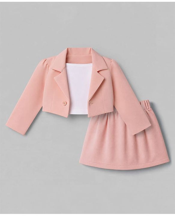 Babyhug Knit Full Sleeves Blazer Style Co-Ords Top & Skirts Set with Inner Tee - Peach