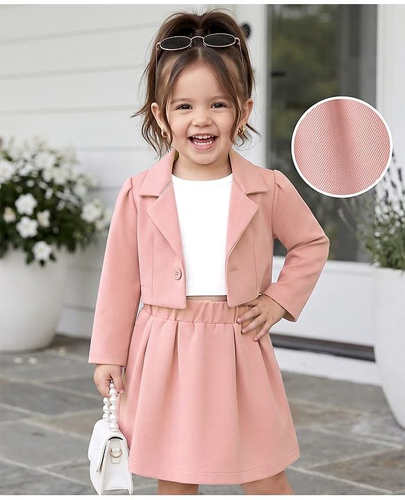 Babyhug Knit Full Sleeves Blazer Style Co-Ords Top & Skirts Set with Inner Tee - Peach
