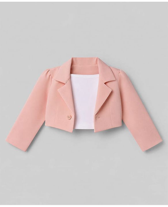 Babyhug Knit Full Sleeves Blazer Style Co-Ords Top & Skirts Set with Inner Tee - Peach