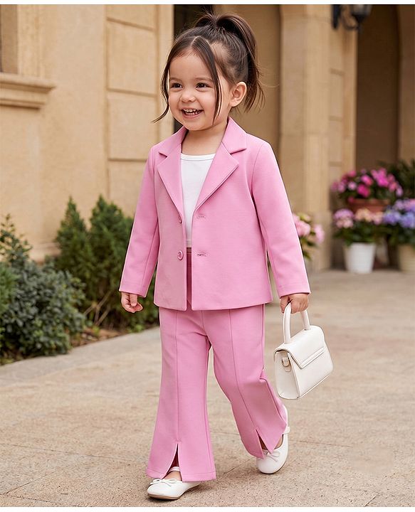 Babyhug Knit Full Sleeves Solid Top & Pant Set With Blazer - Pink