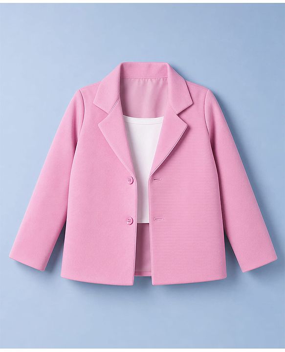 Babyhug Knit Full Sleeves Solid Top & Pant Set With Blazer - Pink