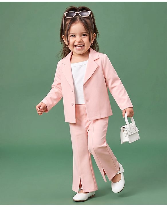 Babyhug Knit Full Sleeves Solid Top & Pant Set With Blazer - Peach