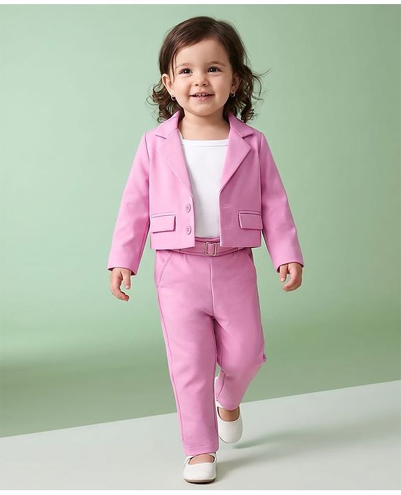 Babyhug Knit Full Sleeves Solid Top & Pant Set With Blazer - Pink