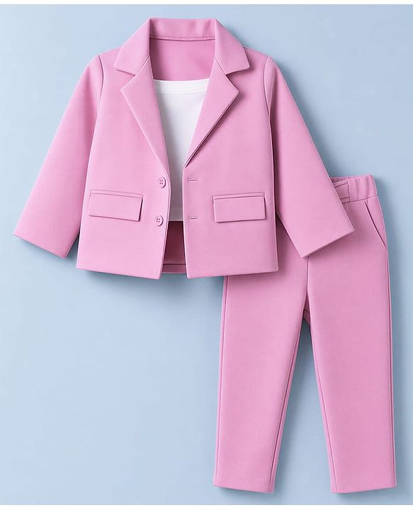 Babyhug Knit Full Sleeves Solid Top & Pant Set With Blazer - Pink