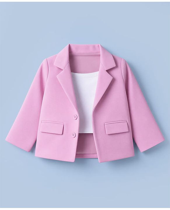 Babyhug Knit Full Sleeves Solid Top & Pant Set With Blazer - Pink