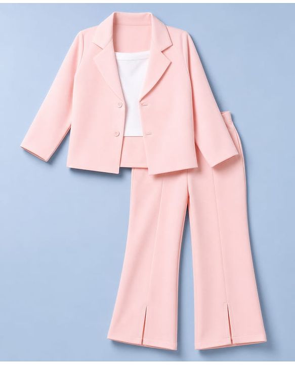 Babyhug Knit Full Sleeves Solid Top & Pant Set With Blazer - Peach