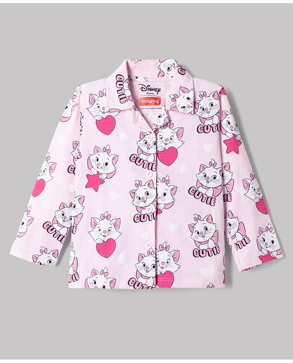 Babyhug Disney Single Jersey Knit Full Sleeves Front Open Shirt & Pyjama Night Suit Co-Ords Set With Marie Graphic - Pink