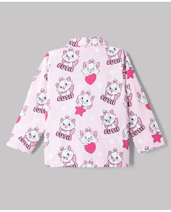 Babyhug Disney Single Jersey Knit Full Sleeves Front Open Shirt & Pyjama Night Suit Co-Ords Set With Marie Graphic - Pink