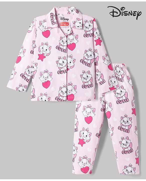 Babyhug Disney Single Jersey Knit Full Sleeves Front Open Shirt & Pyjama Night Suit Co-Ords Set With Marie Graphic - Pink