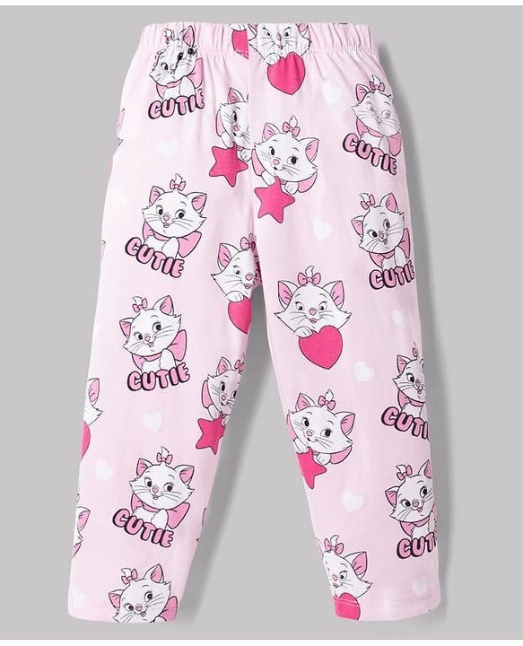 Babyhug Disney Single Jersey Knit Full Sleeves Front Open Shirt & Pyjama Night Suit Co-Ords Set With Marie Graphic - Pink