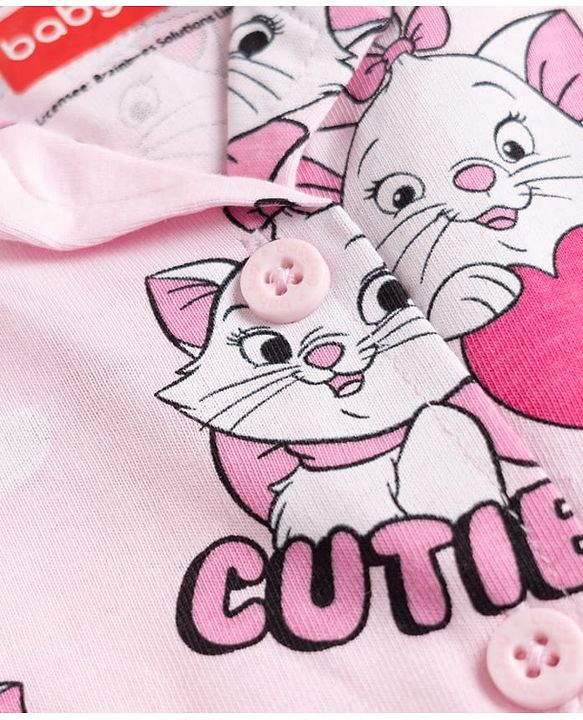 Babyhug Disney Single Jersey Knit Full Sleeves Front Open Shirt & Pyjama Night Suit Co-Ords Set With Marie Graphic - Pink