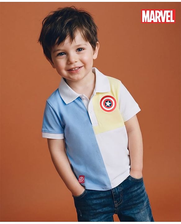 Babyhug Marvel Single Jersey Knit Half Sleeves Cut & Sew Designed Polo T-Shirt with Avengers Badge Detailing - Blue & White
