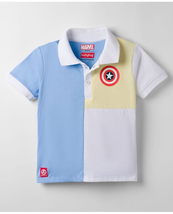 Babyhug Marvel Single Jersey Knit Half Sleeves Cut & Sew Designed Polo T-Shirt with Avengers Badge Detailing - Blue & White