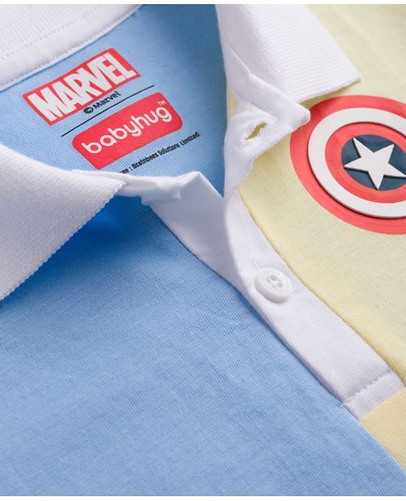 Babyhug Marvel Single Jersey Knit Half Sleeves Cut & Sew Designed Polo T-Shirt with Avengers Badge Detailing - Blue & White