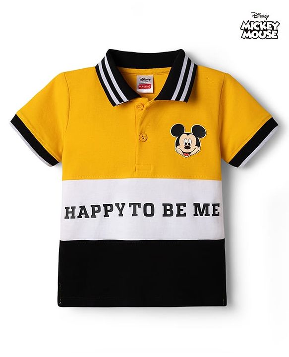 Babyhug Disney Single Jersey Knit Half Sleeves Colour Block Polo T-Shirt with Mickey Mouse Graphics - Yellow White & Black