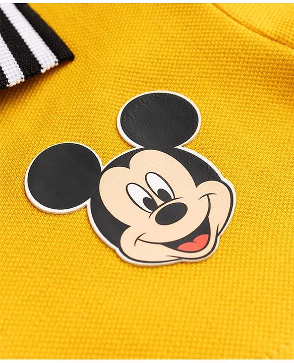 Babyhug Disney Single Jersey Knit Half Sleeves Colour Block Polo T-Shirt with Mickey Mouse Graphics - Yellow White & Black