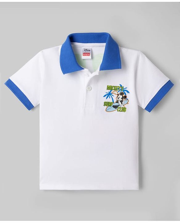 Babyhug Disney Cotton Knit Half Sleeves Polo T-Shirt with Front & Back Mickey Mouse Surf Print - White