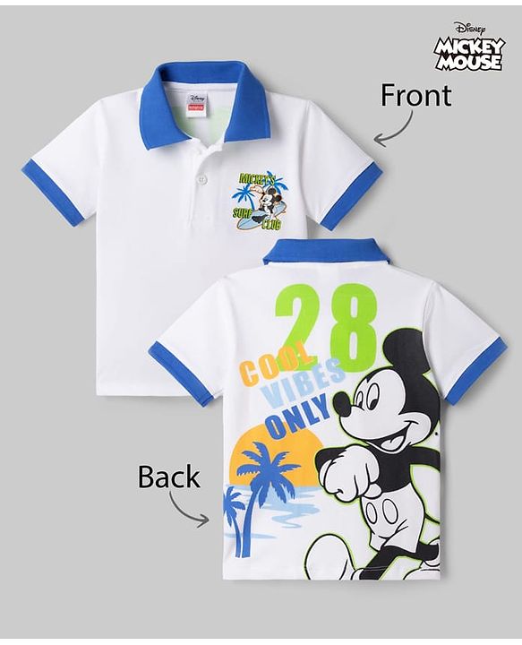 Babyhug Disney Cotton Knit Half Sleeves Polo T-Shirt with Front & Back Mickey Mouse Surf Print - White