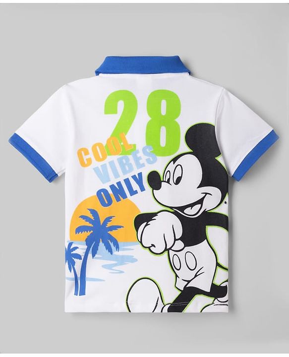 Babyhug Disney Cotton Knit Half Sleeves Polo T-Shirt with Front & Back Mickey Mouse Surf Print - White