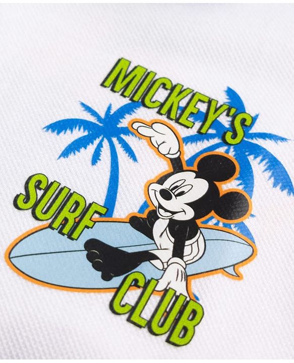 Babyhug Disney Cotton Knit Half Sleeves Polo T-Shirt with Front & Back Mickey Mouse Surf Print - White