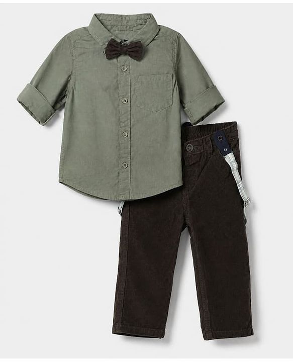 Babyhug 100% Cotton Woven Full Sleeves Shirt and Pants Set With Bow & Suspender - Black & Olive Green