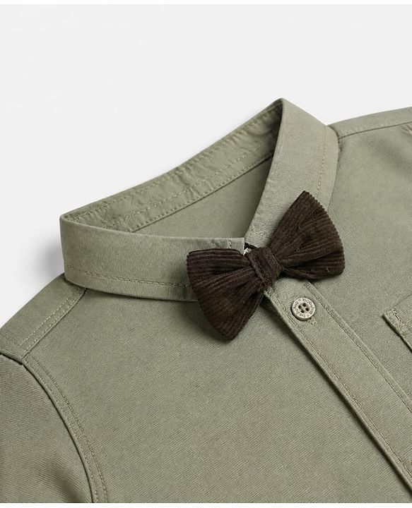 Babyhug 100% Cotton Woven Full Sleeves Shirt and Pants Set With Bow & Suspender - Black & Olive Green
