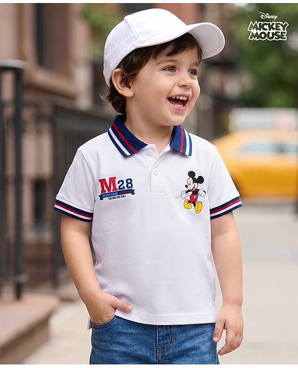 Babyhug Disney 100% Cotton Knit Half Sleeves Polo T-Shirt Wit Mickey Mouse Graphic - White