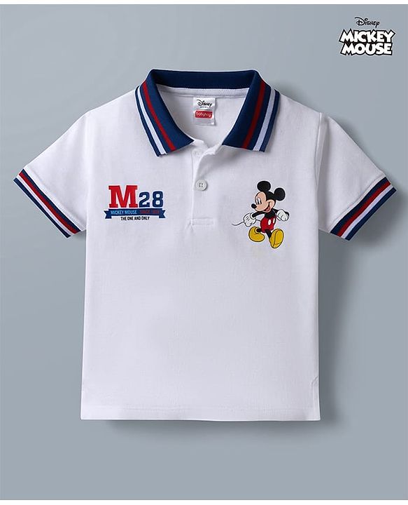 Babyhug Disney 100% Cotton Knit Half Sleeves Polo T-Shirt Wit Mickey Mouse Graphic - White