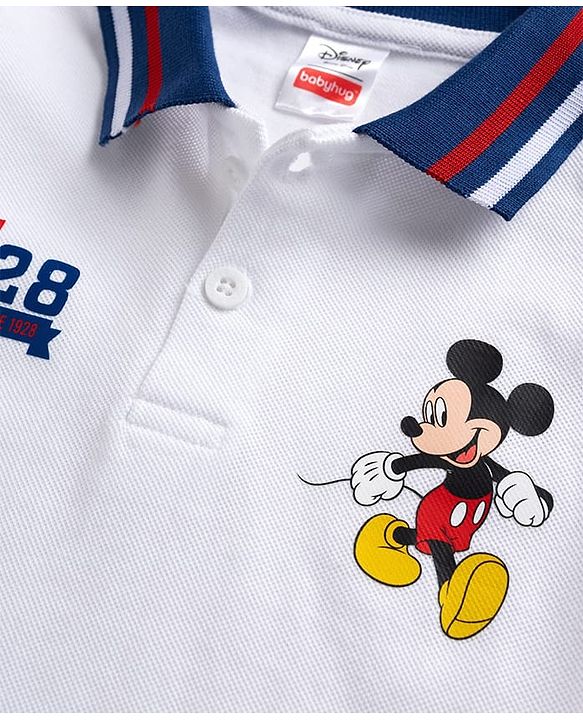 Babyhug Disney 100% Cotton Knit Half Sleeves Polo T-Shirt Wit Mickey Mouse Graphic - White