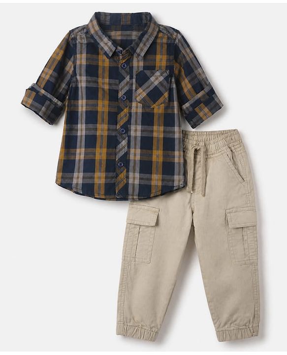 Babyhug 100% Cotton Woven Full Sleeves Checked Shirt and Joggers Set - Biege