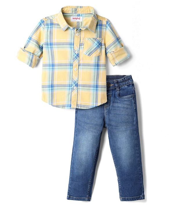 Babyhug Cotton Blend Full Sleeves Checked Shirt and Denim Jeans - Yellow