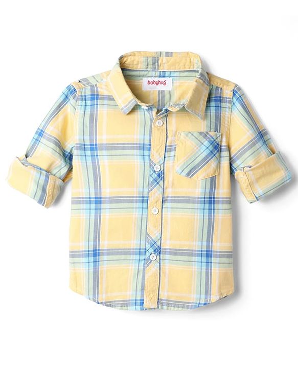 Babyhug Cotton Blend Full Sleeves Checked Shirt and Denim Jeans - Yellow
