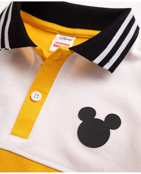 Babyhug Disney Cotton Knit Half Sleeves Polo T-Shirt with Mickey Mouse Print - Yellow
