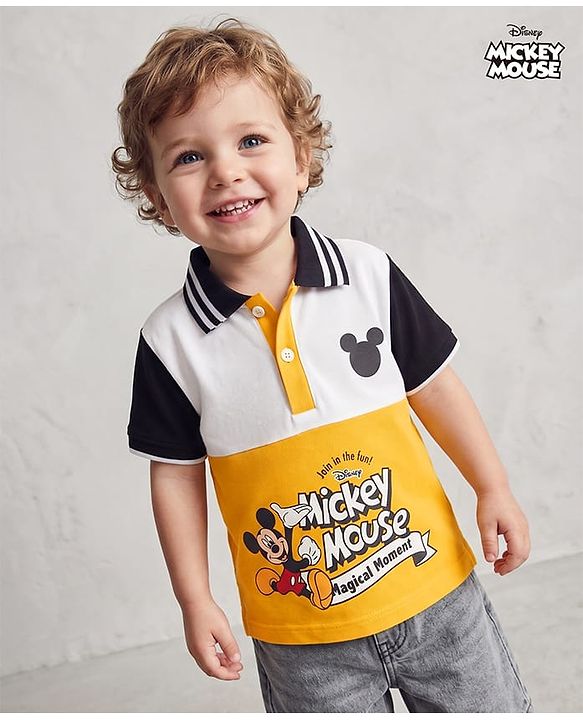 Babyhug Disney Cotton Knit Half Sleeves Polo T-Shirt with Mickey Mouse Print - Yellow