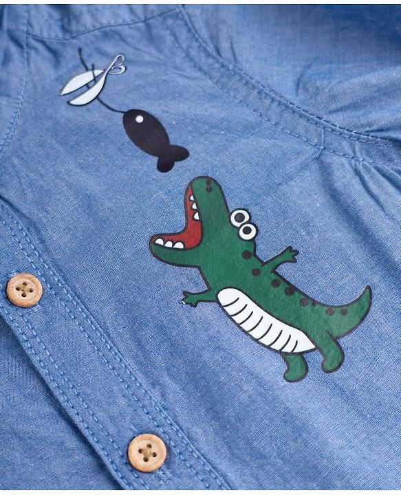 Babyhug 100% Cotton Woven Full Sleeves Shirt and Pant with Crocodile Print - Blue