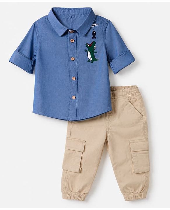 Babyhug 100% Cotton Woven Full Sleeves Shirt and Pant with Crocodile Print - Blue