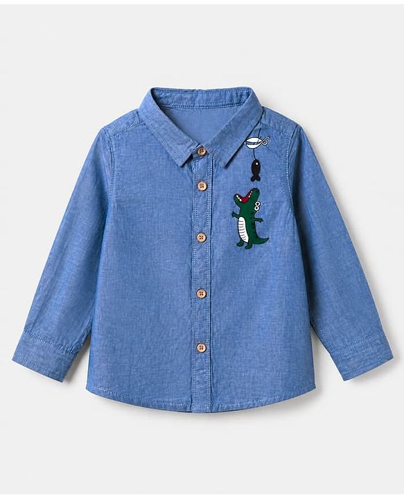 Babyhug 100% Cotton Woven Full Sleeves Shirt and Pant with Crocodile Print - Blue